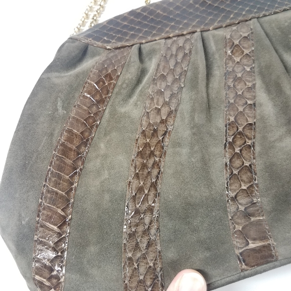 Vintage Dark Moss Green Suede Brown Snakeskin Purse - Picture 7 of 10